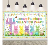 AIBIIN Easter Backdrop Jesus is Risen Cross Christian Banner Happy Easter Party Decorations Spring Cute Bunny Theme Banner Sunday School Decorations for Classroom 70.8 x 43.3 Inch