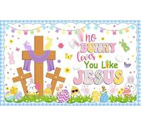 AIBIIN Easter Jesus Backdrop No Bunny Loves You Like Jesus Banner Cute Bunny Easter Eggs Cross Theme Spring Pastel Background for Kids Church Party Resurrection Day Egg Hunt Decorations 6x3.6ft