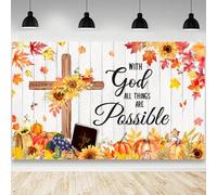 AIBIIN Fall Christian Backdrop with God All Things are Possible Photography Background Religious Cross Faith Sunflowers Autumn God Party Decorations Banner Photo Studio Props 84 x 60 inch