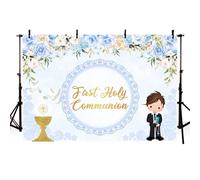 AIBIIN First Holy Communion Backdrop for Boy Mi Primera Comunion Christening Photography Background God Bless Baptism Banner Chalice Doves Blue Floral Lace Party Decorations Photo Props 7x5ft