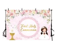AIBIIN First Holy Communion Backdrop for Girl Mi Primera Comunion Christening Photography Background God Bless Baptism Banner Chalice Doves Pink Floral Lace Party Decorations Photo Props 7x5ft