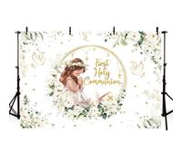 AIBIIN First Holy Communion Backdrop for Girl White Floral God Bless Christening Photography Background Gold Cross Doves Bible First Holy Communion Party Photo Props 7x5ft