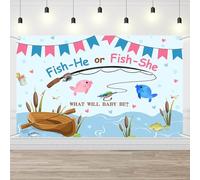 AIBIIN Fishing Gender Reveal Backdrop Blue and Pink Fish He Or Fish She What Will Baby Be Photography Background Ocean Boy or Girl Gender Reveal Party Banner Photo Props 6x3.6ft