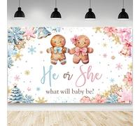 AIBIIN Gingerbread Gender Reveal Backdrop Christmas Gender Reveal Party Decorations Banner He or She What Will Baby Be Party Banner Boy or Girl Cookies Xmas Winter Backdrop 70.8 x 43.3 inch