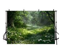 AIBIIN Green Jungle Forest Backdrop Enchanted Forest Green Grassland White Wildflower Photography Background Children Baby Wild One Birthday Banner Cake Smash Church Sanctuary Decor Photo Props 7x5ft