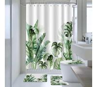 AIBIIN Green Plants Shower Curtain Sets 4 Piece Tropical Palm Leaf with Non-Slip Rugs Toilet Lid Cover and Bath Mat Modern Bath Curtains for Bathroom Decor with 12 Hooks