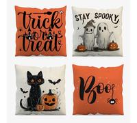 AIBIIN Halloween Cushion Covers Set of 4 Trick or Treat Ghost Black Cat Pumpkin Linen Pillowcases Halloween Decor for Sofa Couch Home Bedroom 45x45cm