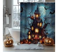 AIBIIN Halloween Shower Curtain Forest Castle Bat Pumpkins Bath Curtains Full Moon Night Horror Forest Pattern Shower Curtain for Bathroom Durable Polyester Material with 12 Hooks 180x180cm