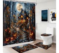 AIBIIN Halloween Shower Curtain Set, Scary Castle, Evil Pumpkin, Gothic House, Full Moon, Dead Tree, Bat Shower Curtains, Waterproof Bathroom Decoration with 12 Hooks, 180 x 180 cm