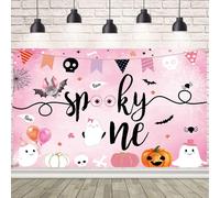 AIBIIN Halloween Spooky One Backdrop for Girls Happy 1st Birthday Party Decorations Supplies Boo Ghost Skull Pink Watercolor Photography Background Banner Photo Shoot Props 70.8x43.3 inch