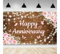 AIBIIN Happy Anniversary Backdrop Photography Background Pink Floral Wedding Anniversary Party Decorations Banner Photo Studio Props Feliz Aniversario Decoracion 70.8 x 43.3 inch