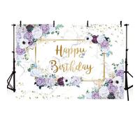 AIBIIN Happy Birthday Backdrop Purple and White Florals Birthday Photograph Background White Grey Marble Gold Geometric Cake Smash Birthday Party Photo Supplies 7x5ft