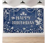 AIBIIN Happy Birthday Background Glitter Shiny Diamonds Blue Denim Photography Backdrop for Birthday Party Cake Table Portrait Booth Props 180x110cm