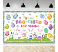 AIBIIN Happy Easter Backdrop We are Egg-Cited for Spring Bunny Banner Spring Colorful Eggs Easter Party Decorations Banner Photo Props 70.8 x 43.3 inch