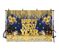 AIBIIN Happy New Year Backdrop - Blue & Gold 2025 Decoration Banner with Champagne Balloons, Diamonds & Golden Bokeh - 7x5ft