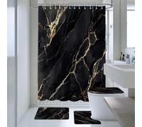 AIBIIN Marble Shower Curtain Sets 4 Piece Abstract Black Shower Curtain Set with Non-Slip Rugs, Modern Toilet Lid Cover and Bath Mat, Bath Curtain for Bathroom Decor (Hooks Included)