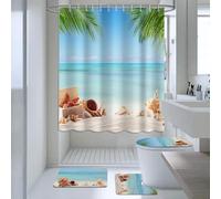 AIBIIN Ocean Beach Shower Curtain Sets 4 Piece Blue Sea Scenery with Non-Slip Rugs Toilet Lid Cover and Bath Mat Palm Tree Leaves Bath Curtains for Bathroom Decor with 12 Hooks