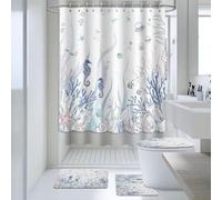AIBIIN Ocean Shower Curtain Sets 4 Piece Nautical Coastal Under The Sea Shower Curtain Set with Non-Slip Rugs, Modern Toilet Lid Cover and Bath Mat, Bath Curtain for Bathroom Decor (Hooks Included)