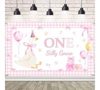 AIBIIN One Silly Goose Backdrop Goose 1st Birthday Banner Our Little Goose is Turning One Goose Theme Pink Plaid Bow Tie Banner Cute Cartoon Birthday Party Decorations 70.8x43.3inch