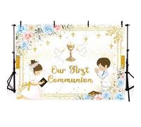 AIBIIN Our First Holy Communion Backdrop God Bless Baptism Party Decorations Christening Ceremony Mi Primera Comunion Mi Bautizo Banner Baptism Theme Photography Background Photo Props 7x5ft