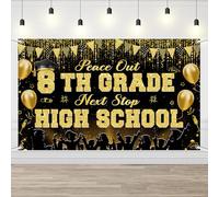 AIBIIN Peace Out 8TH Grade Next Stop High School Backdrop Black Gold 8th Grade Graduation Party Banner Middle School Graduation Party Banne Class of 2026 Graduation Party Decoration 6x3.6ft
