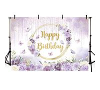 AIBIIN Purple Floral Happy Birthday Backdrop Girl Violet Dripping Glitter Birthday Photography Background Purple Butterflies Flowers Cake Smash Party Banner Photo Supplies 7x5ft