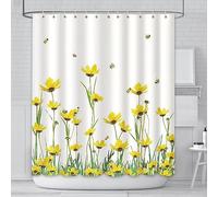 AIBIIN Spring Flower Shower Curtain Bee Summer Curtain Yellow Gerbera Pollens Artwork Print Polyester Waterproof Material Home Bathtub Sets with 12 Hooks 180x200cm