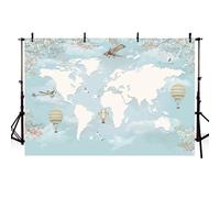 AIBIIN Travel World Map Backdrop Blue Sky Aircraft Hot Air Balloon Birthday Birthday Bridal Shower Photography Background A New Adventure Begins Travel Theme Photo Props 7x5ft