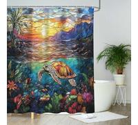 AIBIIN Turtle Shower Curtain Stained Glass Nautical Biological Blue Ocean Bath Curtains Durable Polyester Material with 12 Hooks,180x180cm