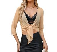 Aiboria Womens 3/4 Sleeve Shrug Sheer Mesh Bolero Tie Front Cropped Cardigan S-XXL, Camel, M