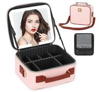 Aiborke Travel Makeup Bag with Led Mirror Make up Case with Lighted Mirror Cosmetic Organizer bag with Adjustable Dividers and 5X Magnifying Mirror Makeup Box Vanity Case for Women, Pink+Brown, 10.2