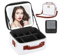 Aiborke Travel Makeup Bag with Led Mirror Make up Case with Lighted Mirror Cosmetic Organizer bag with Adjustable Dividers and 5X Magnifying Mirror Makeup Box Vanity Case for Women, White+Brown, 10.2
