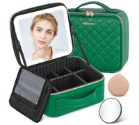 Aiborke Travel Makeup Bag with Led Mirror Makeup Case with Lighted Mirror Cosmetic Organizer Bag with Adjustable Dividers and 5X Magnifying Gift for Women, Green, Portable