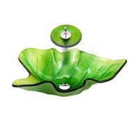 AIBOTY Tempered Glass Bathroom Vessel Sink, Leaves Shape Vanity Vessel Sink with Waterfall Faucet Kit and Pop Up Drain Set, Above Counter Wash Basin,Green