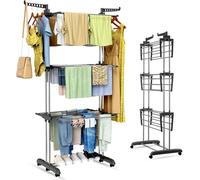 AIBULO 4-Tier Clothes Drying Rack Indoor Outdoor - Foldable Heavy Duty Clothes Airer with Side Wings | Black Adjustable Clothes Horse | Space-Saving Clothes Maiden Drying Rack Stand | Self Assemble