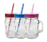 AIBULO 500ml Glass Mason Jars with Lids - Set Of 3 - Airtight Pickling & Preserving Jars for Overnight Oats, Homemade Jam, and More - 3 Colors: Blue, Pink, and Red - Ideal for Kitchen Storage.