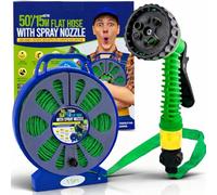 AIBULO 50ft / 15m Flat Garden Hose Reel with 7 Function Spray Nozzle - Compact Hose Pipe with Easy Wind Reel, Garden Hose for Watering, Patio Cleaning, Car Wash & Outdoor Tap Use