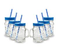 AIBULO 6 Pack 500ml Blue Mason Jars with Lids and Straws - Stylish Glass Drinking Jars for Smoothies, Iced Tea, Cold Brew Coffee, Milkshakes, Fresh Juices - Premium Reusable Mason Jars Set