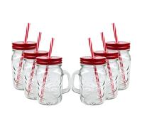 AIBULO 6 Pack 500ml Red Mason Jars with Lids & Straws | Reusable Glass Drinking Jars for Smoothies, Iced Coffee, Juices, Milkshakes, Cocktails & More | Eco-Friendly Leakproof Glass Cups