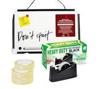 AIBULO Combo Set - 1 Black Tape Dispenser with Tape + 3 Extra Cello Tape Rolls 24mm x 40mm + 1 A4 Mini Whiteboard with Pen - Office, School, Home & Gift Wrapping Essentials