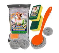 AIBULO Scourer & Sponge Set - 7 Pack Heavy Duty Cleaning Kit | Includes 4 Stainless Steel Scourers, 2 Dual-Sided Absorbent Sponges & 1 Ergonomic Cleaning Brush for Kitchen, Sink & Home Cleaning