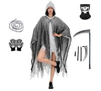 Aicerous Halloween Grim Reaper Costume Set, Grim Reaper Set, Includes Scythe, Skull Mask, Chains, Gloves, for Adult/Child, Unisex, for Halloween Cosplay, Carnival Masquerade (Grey)