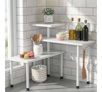 aichilra 3 Tier Kitchen Corner Shelf Countertop Organiser Wood Metal White | Transformable 3-tier shelf fits corner or straight layout, with 4 hooks for extra storage in kitchen, bathroom or vanity