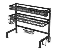 aichilra Over The Sink Dish Drying Rack, 2 Tier 85cm Full Set Kitchen Counter Dish Drainer with Utensil Holder, Knife & Cutting Board Rack, 8 Hooks, Black - Space-Saving Organizer for Home Kitchens