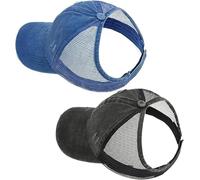AICILY 2 Pack Backless Cap for Women Natural Curly Hair Hat Baseball Cap Afro Puff Ponytail Hat, Distressed Denim Cap-black＆blue, One size