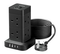 AICODE Tower Extension Lead with USB Slots,8 Way (13A/3250W) Plug Extension Socket Tower with 2 USB C and 2 USB A,Overload Protected,3M Extension Cable,Switch,Multi Plug Adapter Black for Home Office