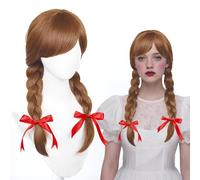 Aicos Brown Braid Cosplay Wig for Women Horror Doll Annabelle Cosplay Long Brown Costume Wigs with Red Bow for Halloween + Wig Cap
