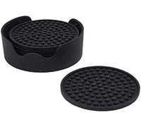 Aidapt Black Non Slip Heat Proof Coasters Mat Round 12x12 cm for Coffee, Tea, Beer, Mug, Cup, Glasses on Tables, Counters, Cabinets. Set of 4 in a Holder
