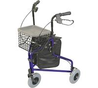 Aidapt Blue Folding Light Weight Aluminium 3 Wheeled Tri Walker Rollator Mobility Aid with Carry Bag, Basket, Tray and Lockable Brakes for Indoor and Outdoor use.