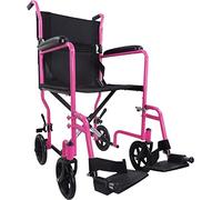 Aidapt Compact, Lightweight Folding Steel Transit Wheelchair with SOLID WHEELS. Lap Strap included, Padded PVC Armrests, Detachable Swing Away Footrests, Deluxe Padded Nylon Upholstery. 19" SEAT WIDTH. Carry Bag available to purchase separately. (PINK)